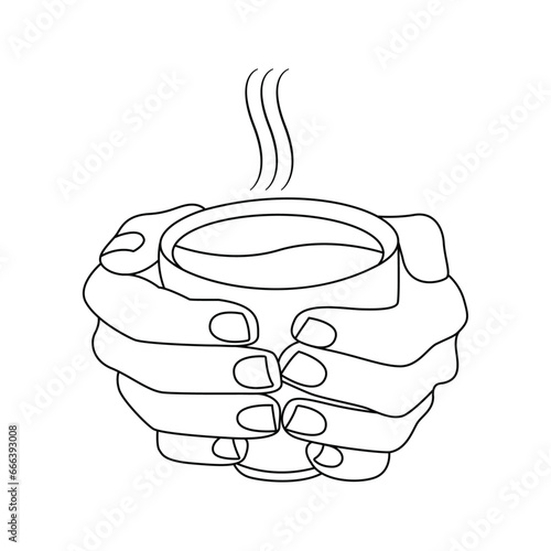 Two hands hold up coffee cup line art vector icon.