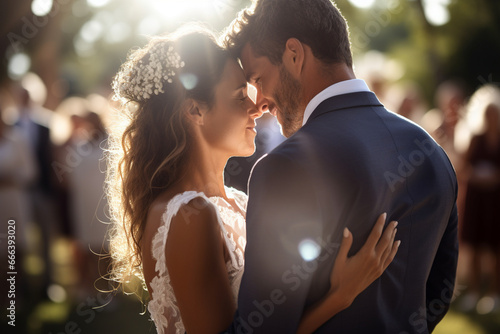 Groom and bride in wedding dresses on a crowded background photo