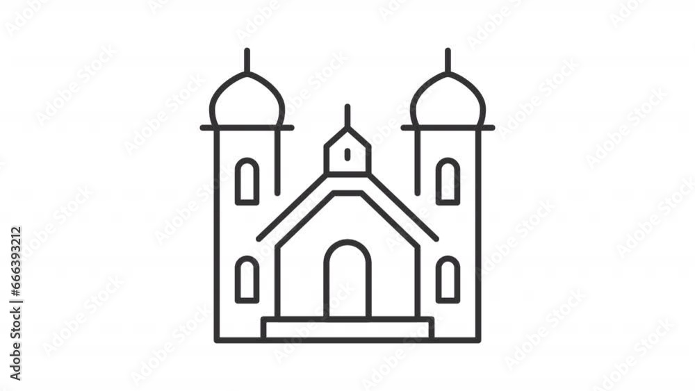 2D black simple thin line animation of religious building icon, HD video with transparent background, seamless loop 4K video representing buildings. 2D black simple thin line animation of religious building icon, HD video with transparent background, seamless loop 4K video representing buildings.