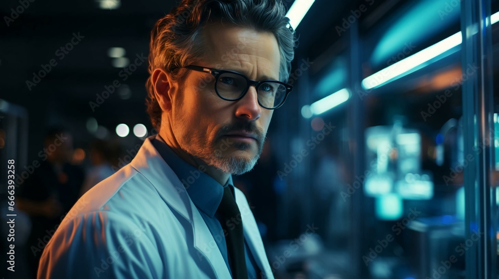 Male doctor pharmacist in a white coat health worker in a pharmacy sells medicine Male doctor pharmacist in a white coat health worker in a pharmacy sells medicine