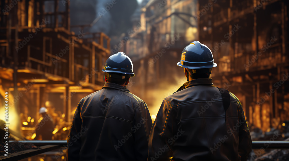 Oil refinery engineer, oil industry worker stands in front of a large chemical plant Oil refinery engineer, oil industry worker stands in front of a large chemical plant