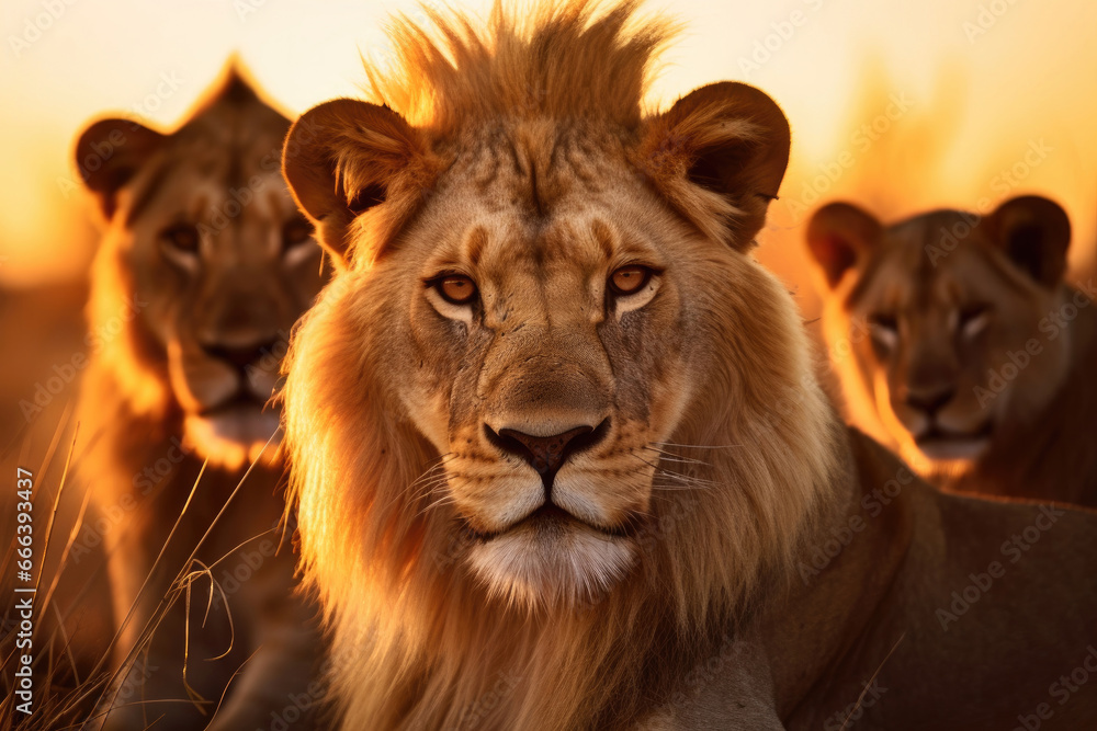 A flock of lions in the savannah at sunset