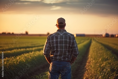 Rural bliss. Confident farmer at sunset. Fields of promise. Farmers harvest view. Agronomists journey. Walking wheat. Harvest silhouette © Thares2020
