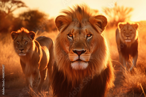 A flock of lions in the savannah at sunset