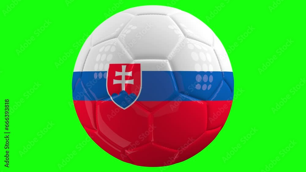 Very realistic isolated spinning soccer ball with the flag of Slovakia on it in front of a green screen background plus alpha matte for easy isolation. Seamless loop 3D animation. Very realistic isolated spinning soccer ball with the flag of Slovakia on it in front of a green screen background plus alpha matte for easy isolation. Seamless loop 3D animation.