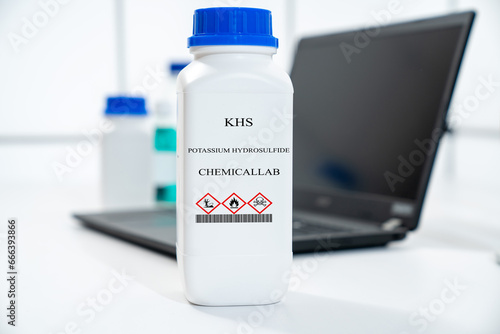 KHS potassium hydrosulfide CAS  chemical substance in white plastic laboratory packaging photo