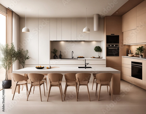 A minimalist kitchen with furniture for many people.