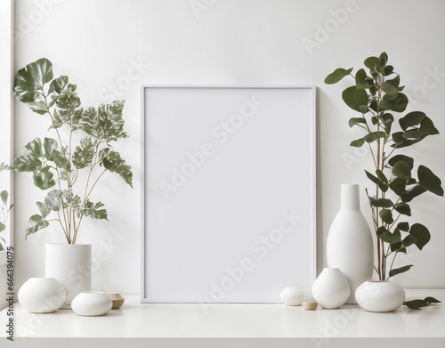 White minimalist photo frame with flower vase