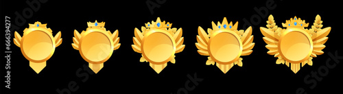 Set of game progress badges, golden medals, round award frame with gems, crown and wings, vector metal level achievement