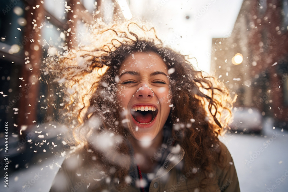 A woman in winter clothes plays in the snow in front of house A woman in winter clothes plays in the snow in front of house