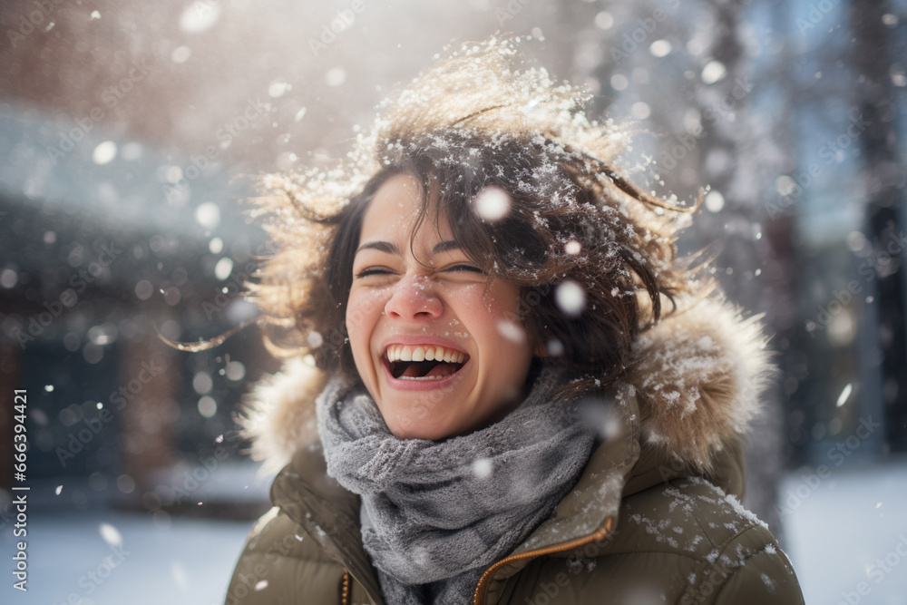 A woman in winter clothes plays in the snow in front of house A woman in winter clothes plays in the snow in front of house