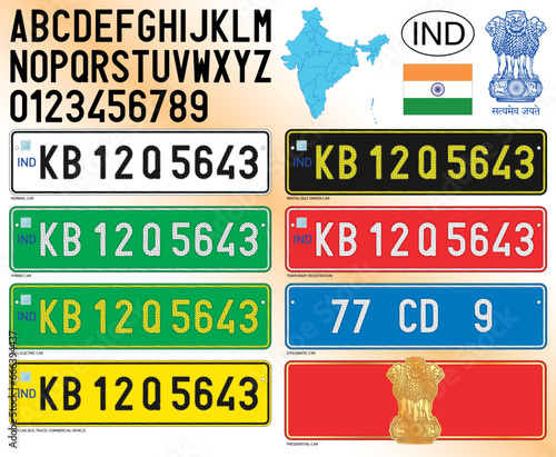 India country various car license plate patterns, letters, numbers and symbols, vector illustration, Republic of India