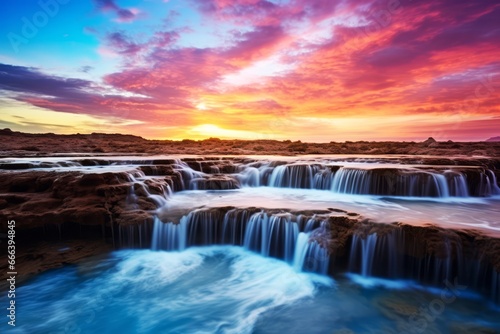 The waterfall is beautiful with a beautiful sky at sunset, bold and vibrant colors and long exposure shot.