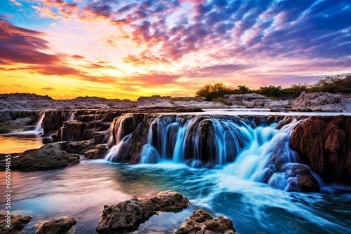 The waterfall is beautiful with a beautiful sky at sunset  bold and vibrant colors and long exposure shot.
