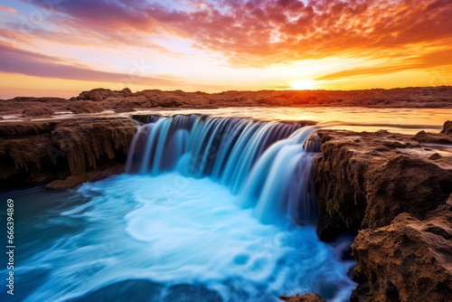 The waterfall is beautiful with a beautiful sky at sunset, bold and vibrant colors and long exposure shot.