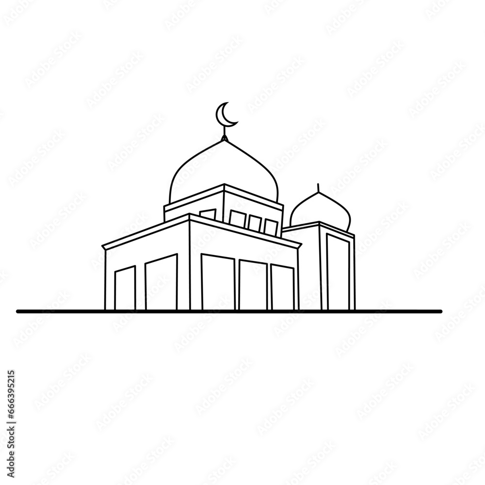 gambar garis kontinu masjid, dengan latar belakang putih, ilustrasi vektor