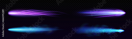 Rocket missile or star motion light trail effect. Realistic vector of purple and blue flame vfx with neon glowing tail with particles and steam. Space ship or cosmic body shine smoke streak.