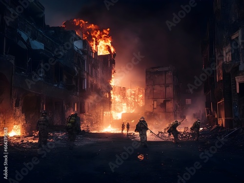 Cityscape at night destroyed by war. The bomb exploded resulting in a fire and destroyed buildings. Generative AI