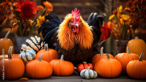 Cute rooster with orange pumpkins ai generated © Noman