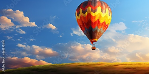 A rainbow-colored hot air balloon rises in a clear, cloudy sky photo