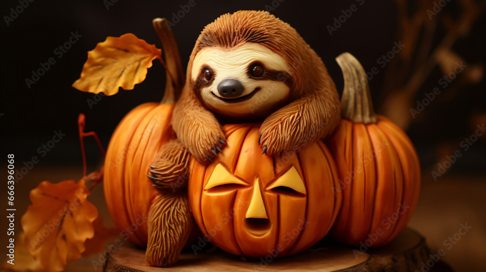 Cute sloth with orange carved pumpkin