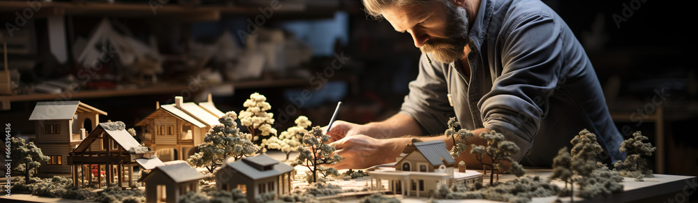 An Architect Makes A Model In His Studio. Illustration On The Theme Of Architecture And Professions. Generative AI An Architect Makes A Model In His Studio. Illustration On The Theme Of Architecture And Professions. Generative AI