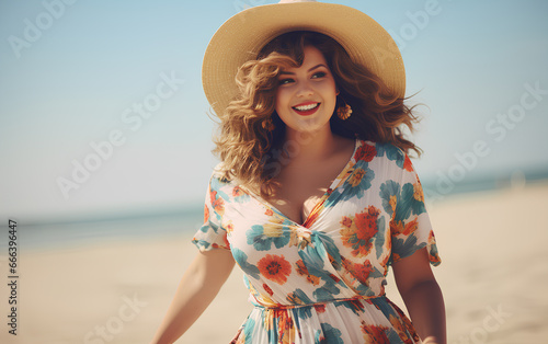 Plus sized young female in summer dress and hat walking on the beach in sunny day.

