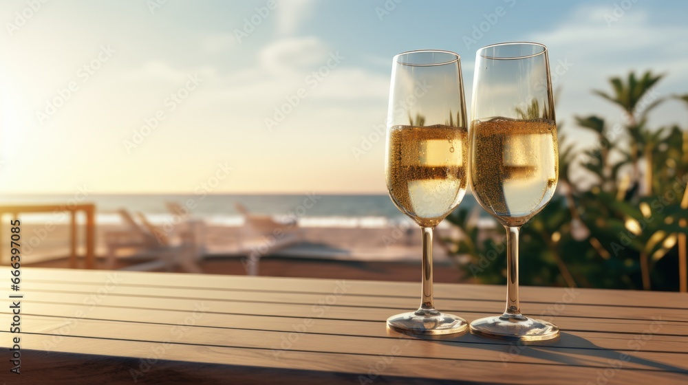 Glasses of champagne on romantic aesthetic scenery background, Anniversary or party celebration concept