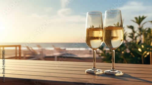 Glasses of champagne on romantic aesthetic scenery background  Anniversary or party celebration concept