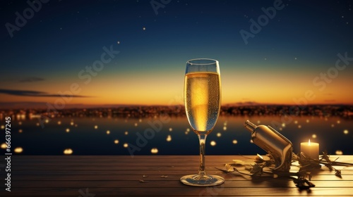 Glasses of champagne on romantic aesthetic scenery background  Anniversary or party celebration concept