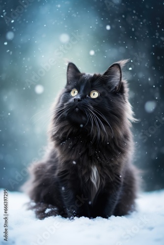 Furry black cat in winter with falling snow.