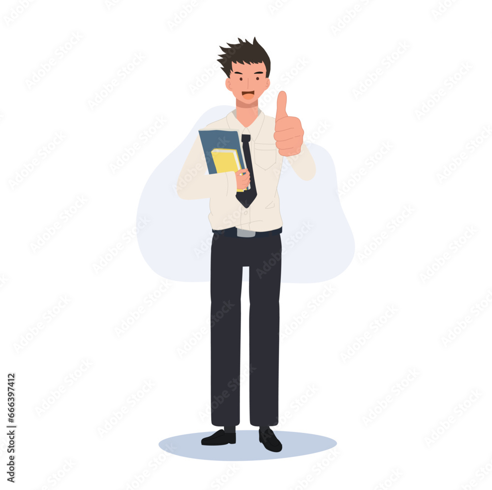 Thai University Student in Uniform is holding books and Showing Thumbs Up. Positive Gesture Thai University Student in Uniform is holding books and Showing Thumbs Up. Positive Gesture
