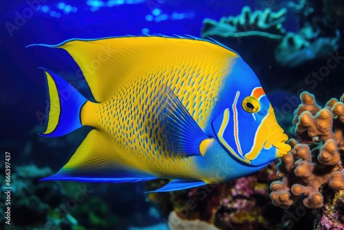 Fish over a coral reef in the sea.