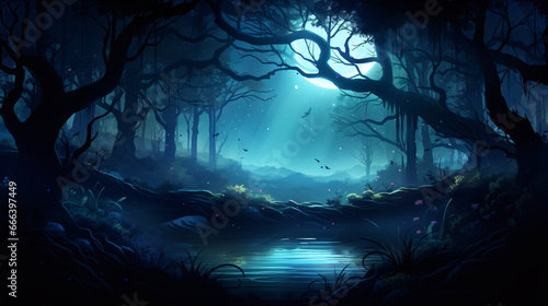 Deep fairy forest silhouette at night with moonlight