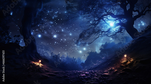 Deep fairy forest silhouette at night with moonlight
