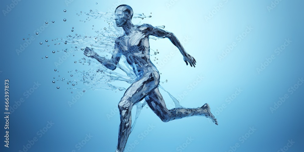 illustration of a person running with water all over his body on a blue background