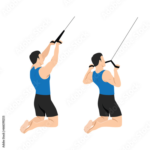 Man doing kneeling high pulley row. Flat vector illustration isolated on white background