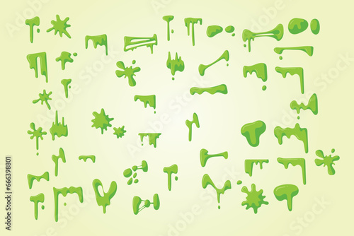 Cartoon green slime set vector flat illustration. Collection of blob splashes, toxic dripping mucus
