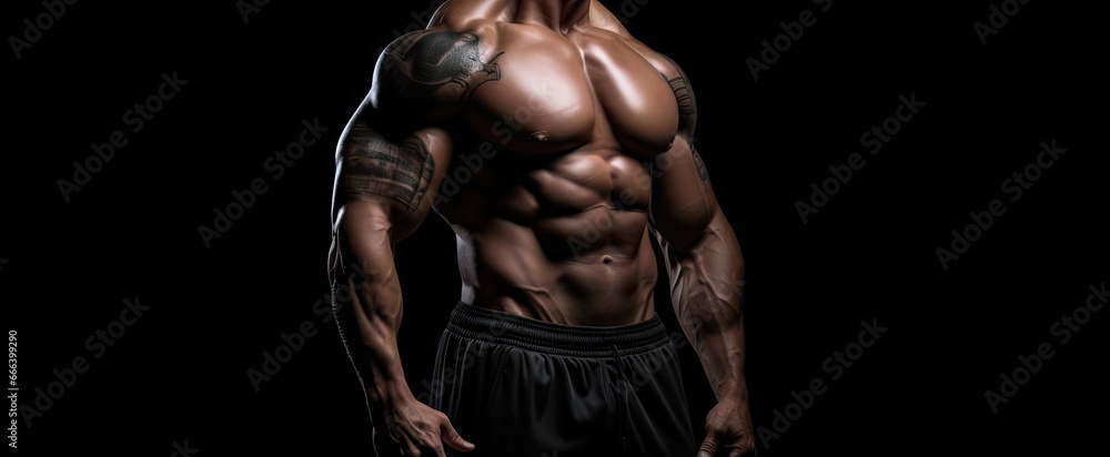 Muscle mastery athletic bodybuilder dumbbell workout. Building strength. Fitness and health with handsome athlete. Powerful physique. Muscular man on black background isolated at gym