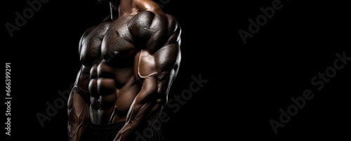 Muscle mastery athletic bodybuilder dumbbell workout. Building strength. Fitness and health with handsome athlete. Powerful physique. Muscular man on black background isolated at gym © Thares2020
