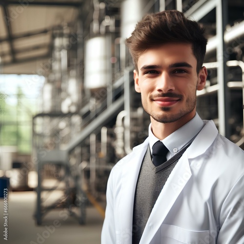 Confident Young Chemical Engineer in Industrial Setting Background