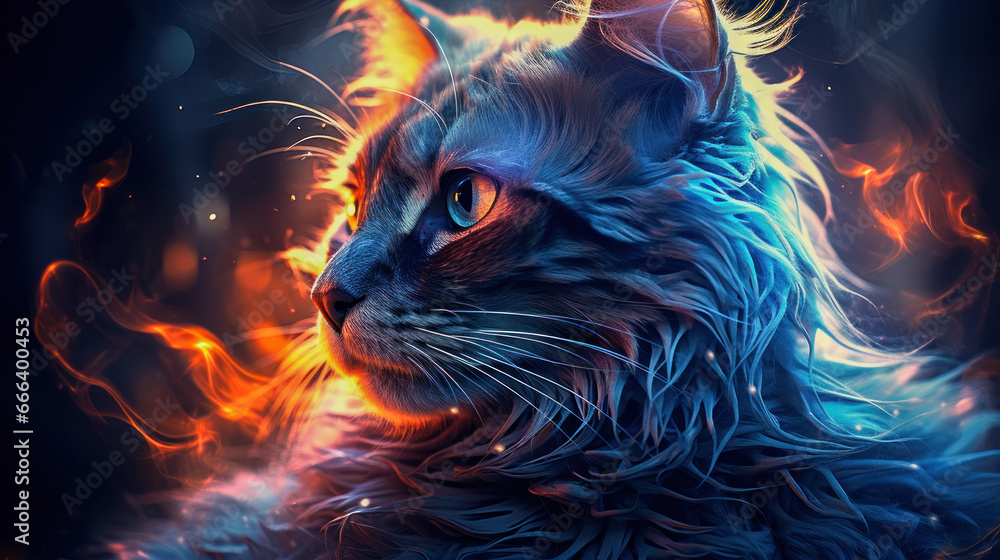 Long-haired black cat with enchanting blue eyes surrounded by swirling neon light particles in a surreal setting