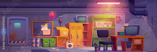 Underground secret bunker shelter room interior. Control station on nuclear base with radio, emergency button, chair and computer. Survival basement panorama scene illustration for military defense