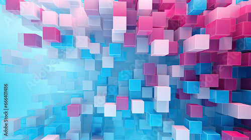Texture background with random 3d cubic metal boxes in bright blue and red colors