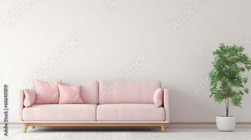 Empty white room with pastel pink sofa wooden furniture