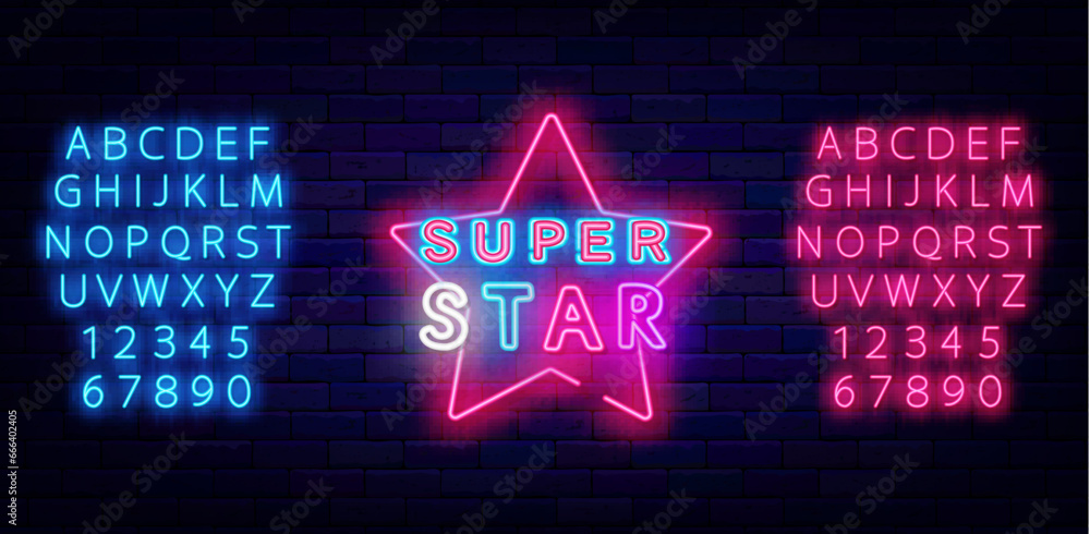 Super star neon sign. Talent competition. Celebrity label. Show and party celebration. Event flyer. Vector illustration