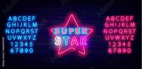 Super star neon sign. Talent competition. Celebrity label. Show and party celebration. Event flyer. Vector illustration