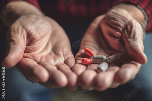 the hands of an elderly man with wrinkles hold pills. concept of mental health, support and family. 
