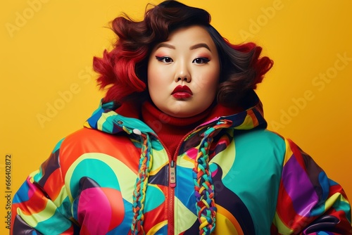 Portrait of fat woman standing on bright colors studio background. Overweight female model in trendy fashion