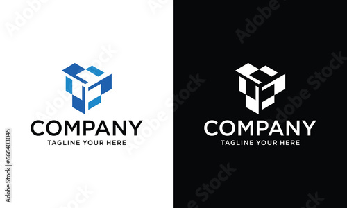 Abstract isometric dark blue cube with light blue recess. Logo type template. Can be used for branding as a logo design element. Abstract hexagon logo design